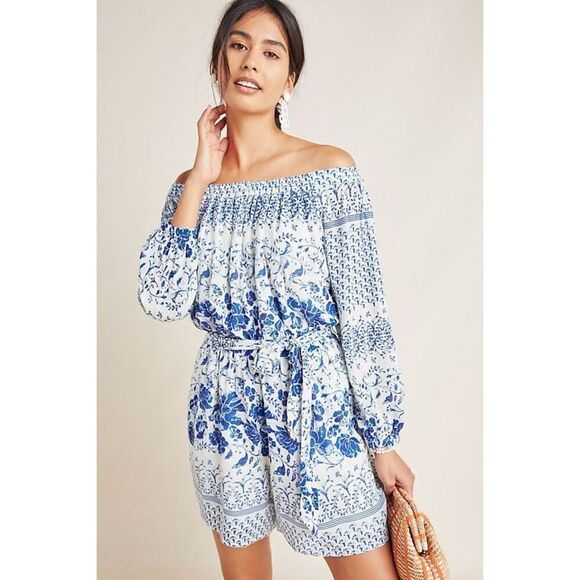 Anthropologie - White Blue Floral Romper/Jumpsuit - Picture 1 of 7